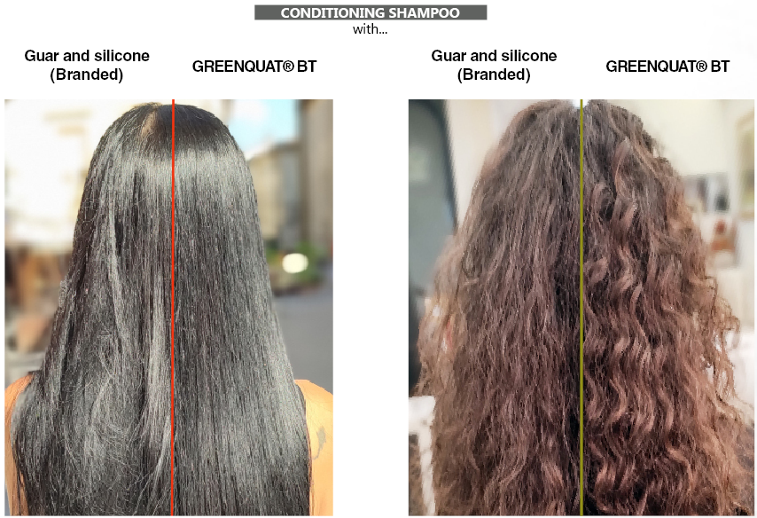 Image showing the comparison of hair treated with a branded conditioning shampoo containing guar and silicone versus GREENQUAT® BT on both straight and curly hair.