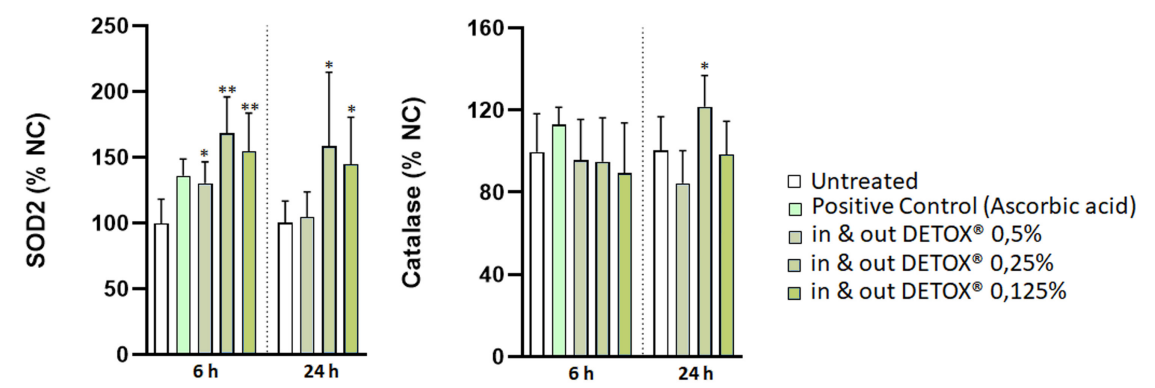 Bar charts showing the effect of In & Out Detox® at different concentrations on SOD2 and Catalase activity at 6 hours and 24 hours, compared to untreated and positive control groups.