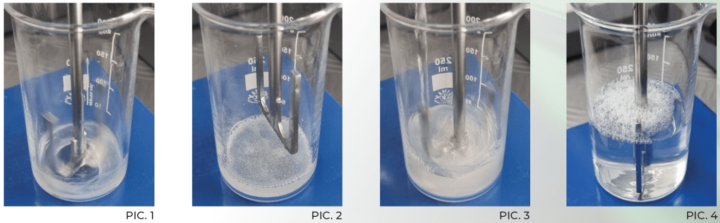 Sequence of images demonstrating easy solubilization with Polysol® in a beaker.