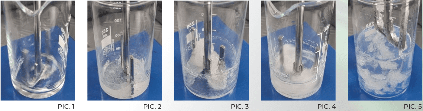 Series of images showing solubilization problems with hydrogenated castor oil in a beaker.